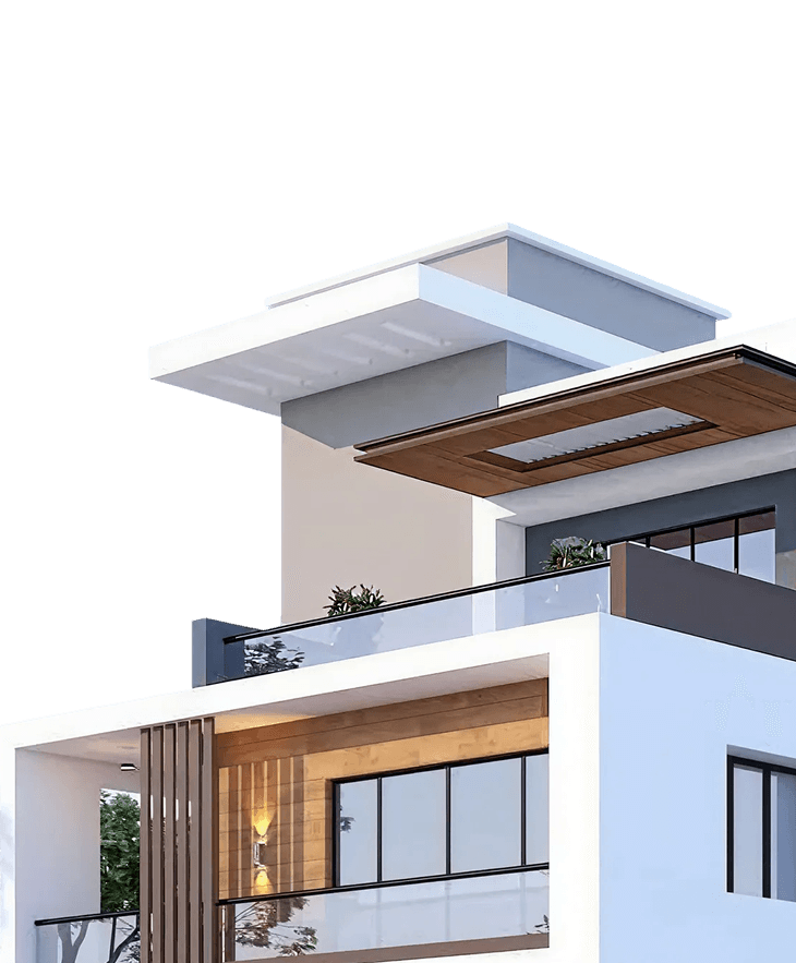 Modern residential building with glass balconies and warm lighting